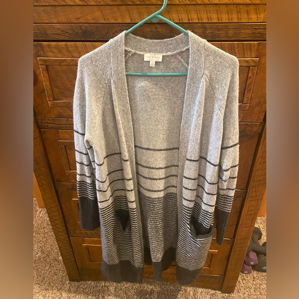 Lucky Brand long grey stripe open cardigan sweater